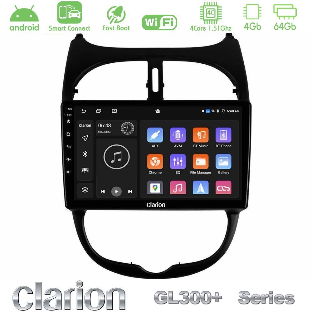 Clarion GL300+ Series 4Core Android ClarionOS 4+64GB  Peugeot 206 Navigation Multimedia Tablet 9"