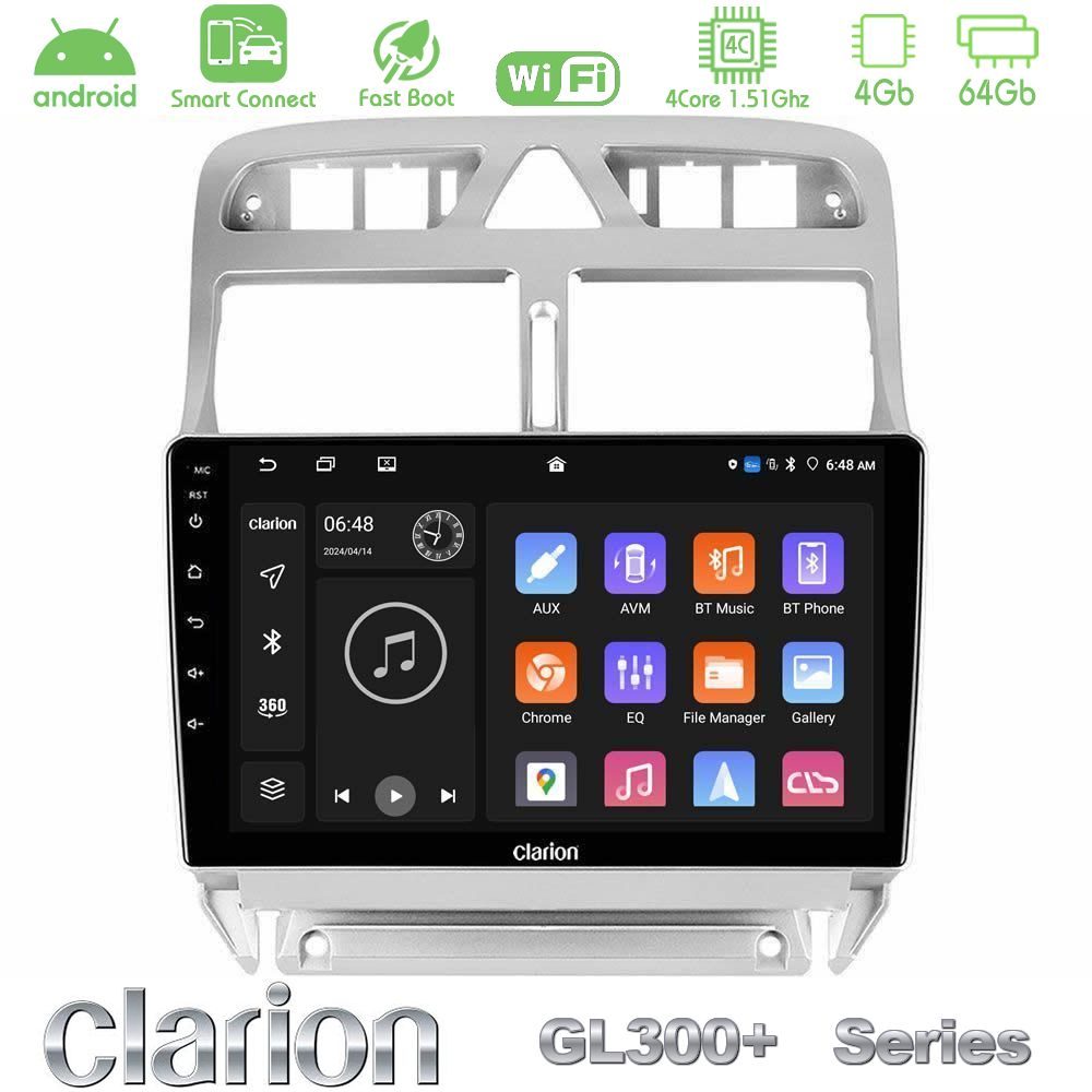 Clarion GL300+ Series 4Core Android ClarionOS 4+64GB  Peugeot 307 2002-2008 Navigation Multimedia Tablet 9"