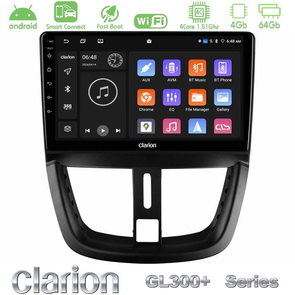 Clarion GL300+ Series 4Core Android ClarionOS 4+64GB  Peugeot 207 Navigation Multimedia Tablet 9"