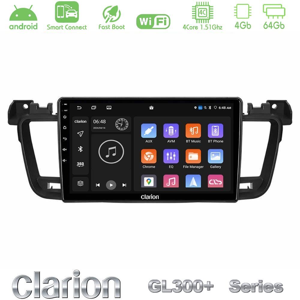 Clarion GL300+ Series 4Core Android ClarionOS 4+64GB  Peugeot 508 2010-2018 Navigation Multimedia Tablet 9"