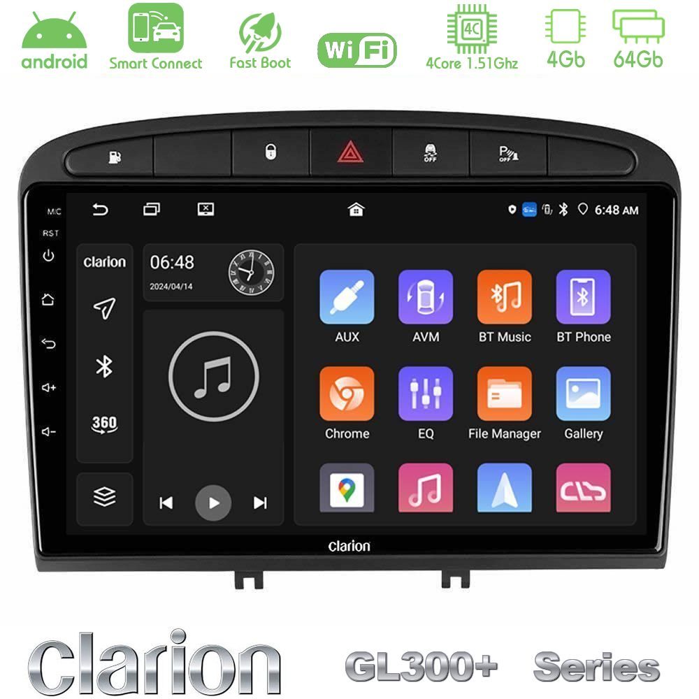 Clarion GL300+ Series 4Core Android ClarionOS 4+64GB Peugeot 308/RCZ Navigation Multimedia Tablet 9"