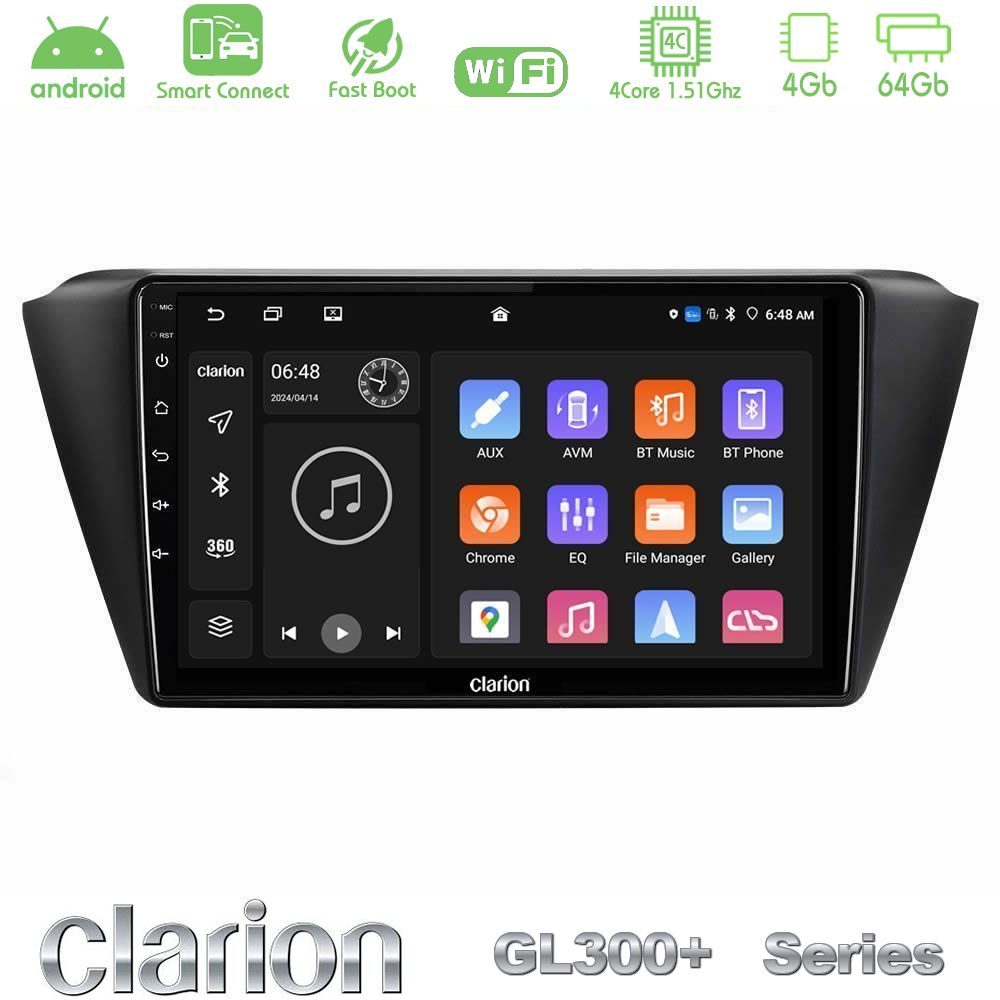 Clarion GL300+ Series 4Core Android ClarionOS 4+64GB  Skoda Fabia 2015-2021 Navigation Multimedia Tablet 9"