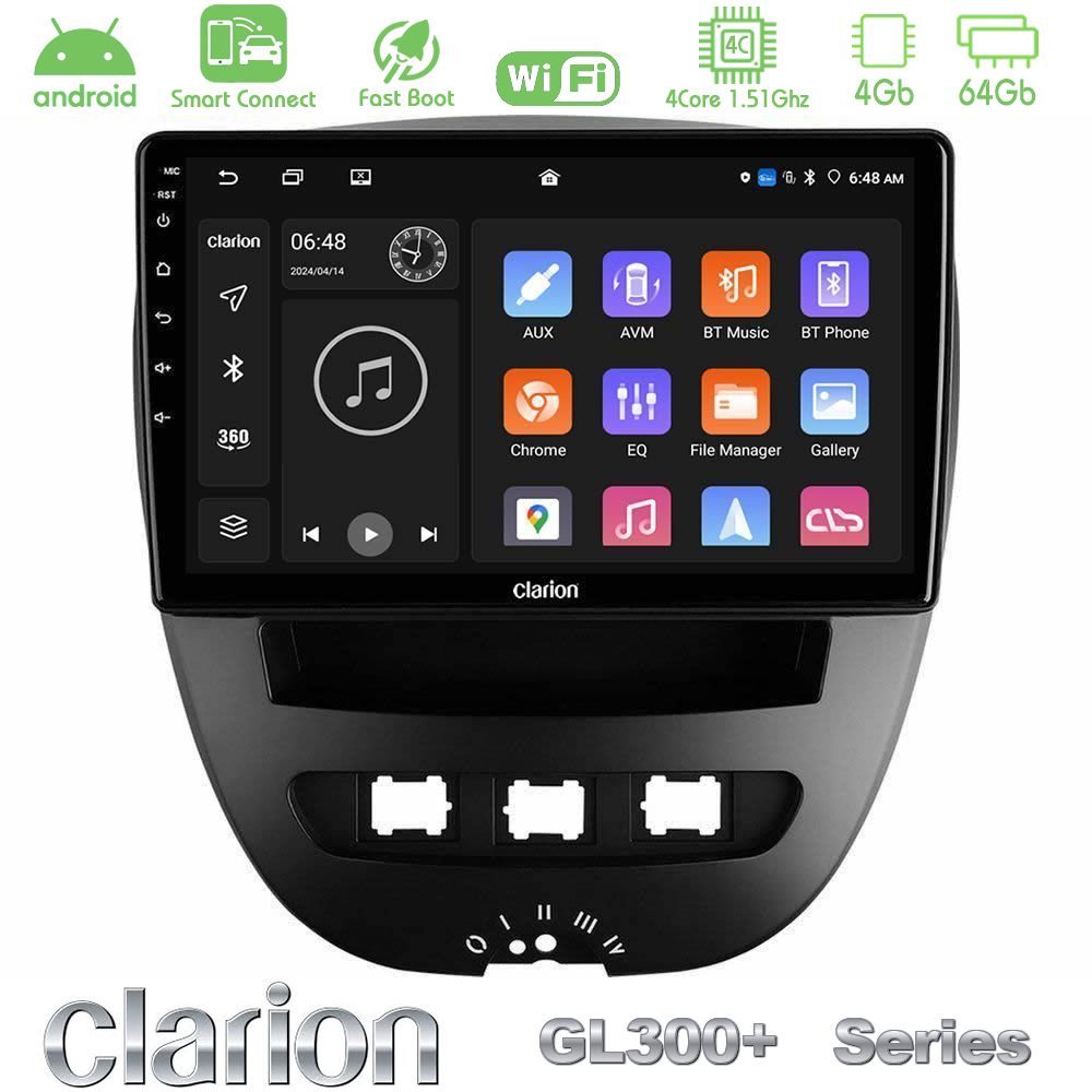 Clarion GL300+ Series 4Core Android ClarionOS 4+64GB Toyota Aygo/Citroen C1/Peugeot 107 Navigation Multimedia Tablet 10"