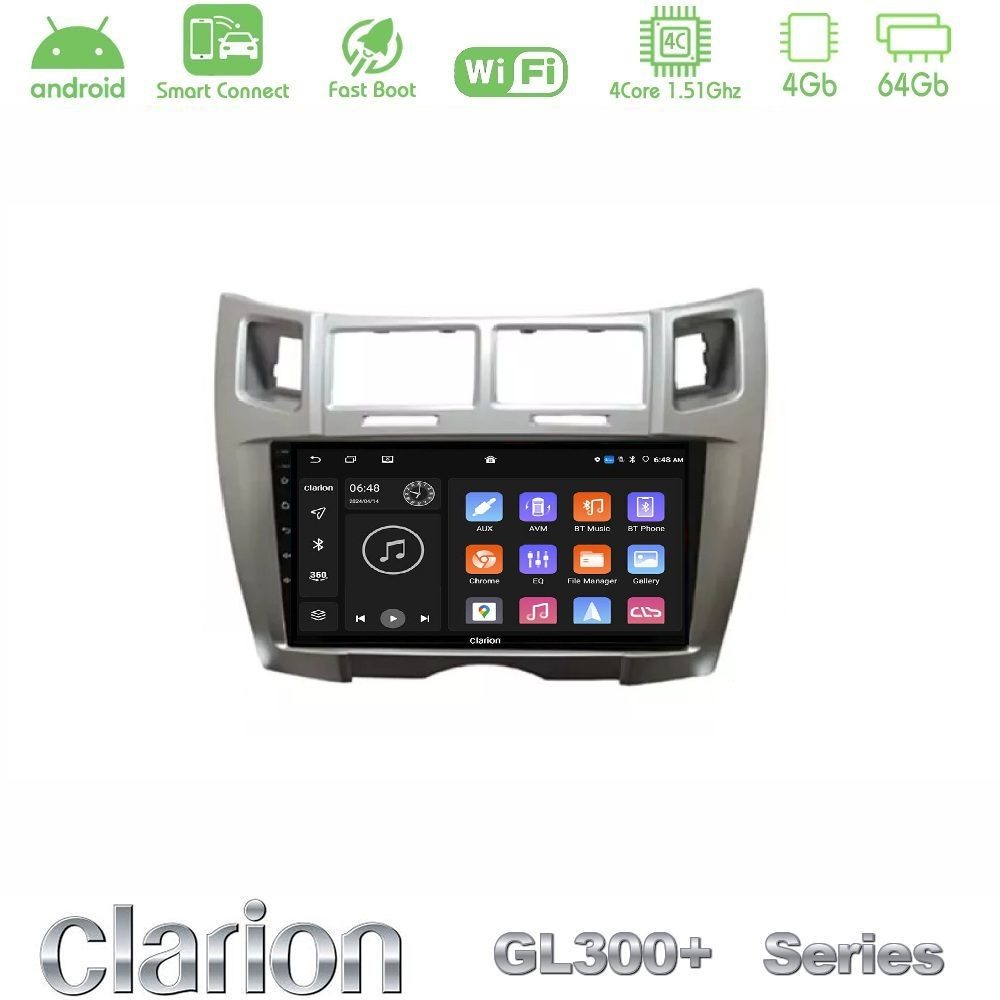 Clarion GL300+ Series 4Core Android ClarionOS 4+64GB  Toyota Yaris Navigation Multimedia Tablet 9" (Ασημί Χρώμα)