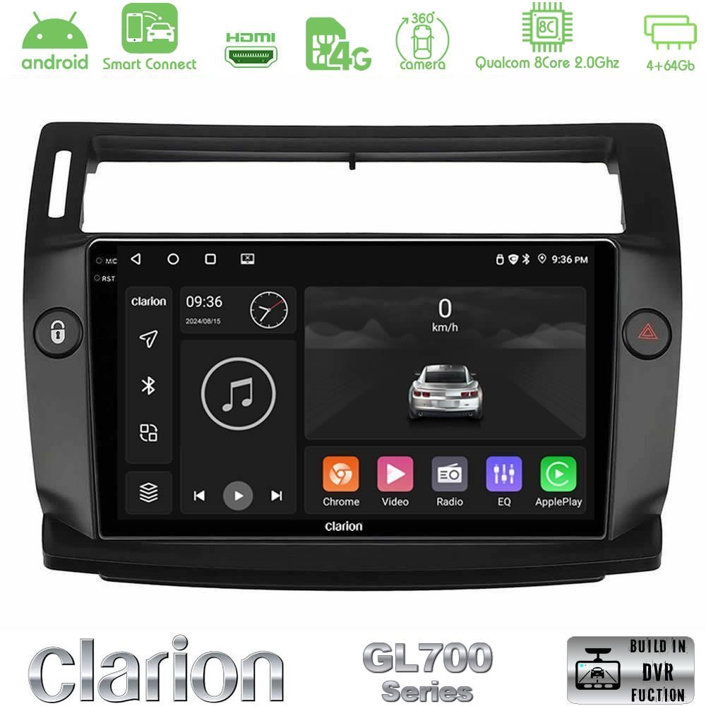 Clarion GL700 Series 8Core Android ClarionOS 4+64GB Citroen C4 2004-2010 Navigation Multimedia Tablet 9" (μαύρο χρώμα) Με Carplay & Android Auto