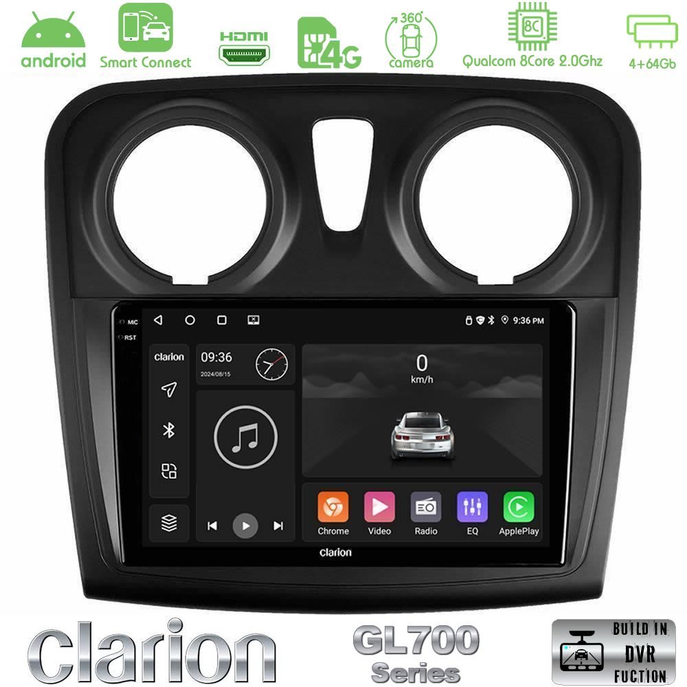 Clarion GL700 Series 8Core Android ClarionOS 4+64GB Dacia Dokker 2014-2021 Navigation Multimedia Tablet 9" Με Carplay & Android Auto