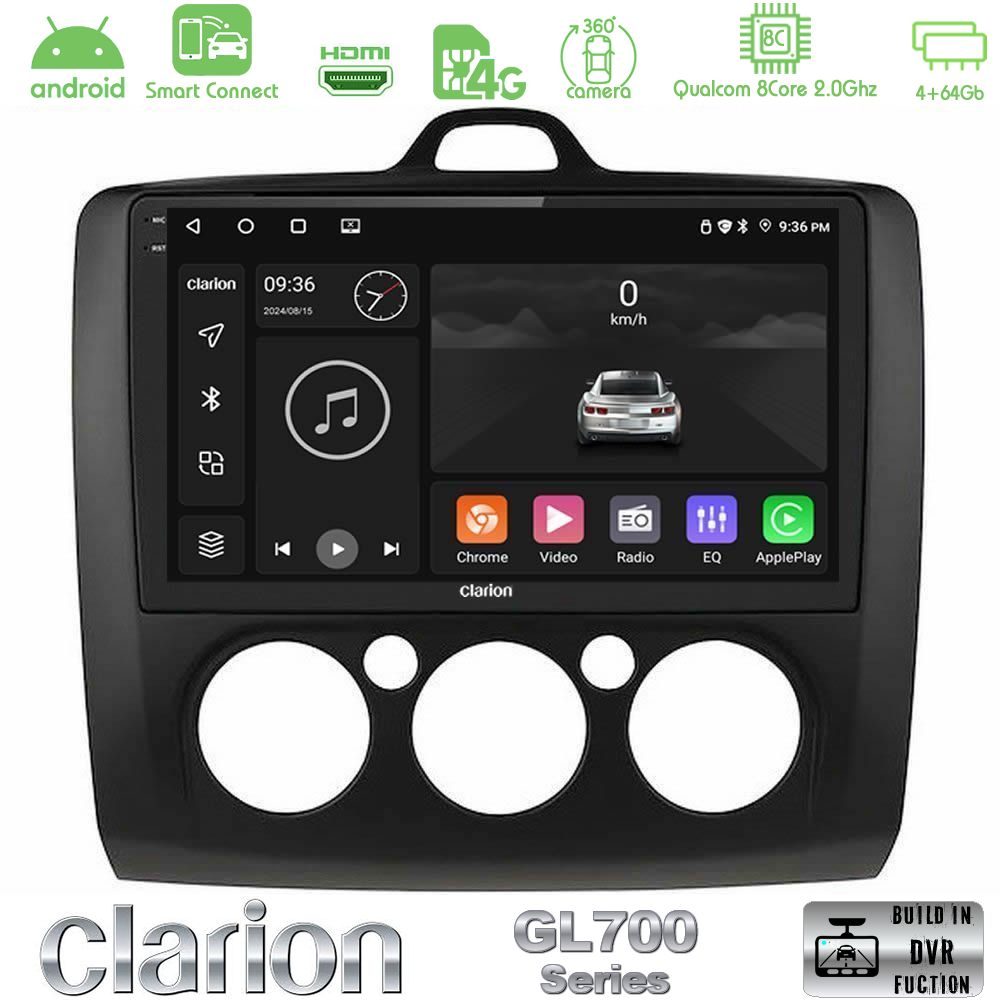 Clarion GL700 Series 8Core Android ClarionOS 4+64GB Ford Focus Manual AC Navigation Multimedia Tablet 9" (Μαύρο Χρώμα) Με Carplay & Android Auto