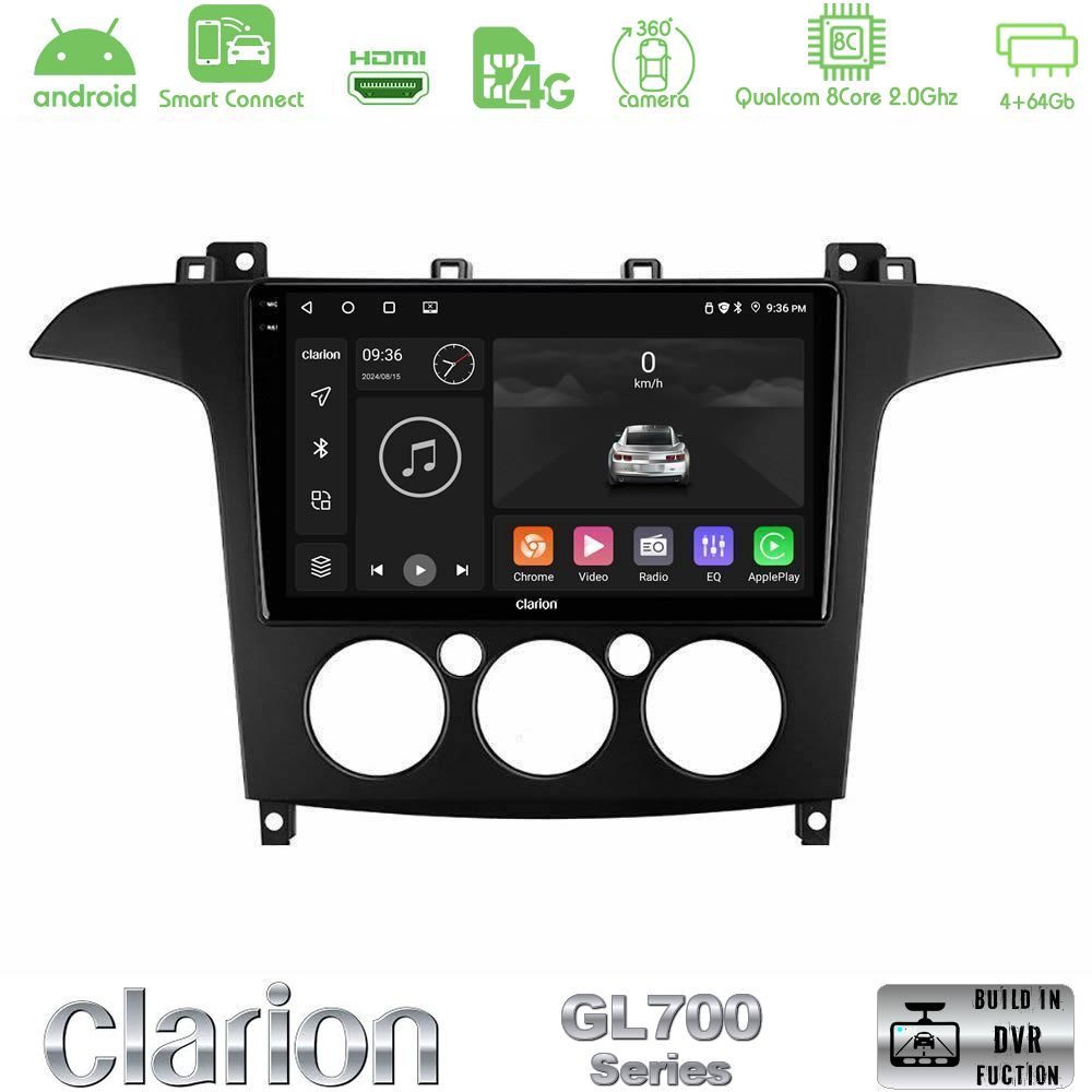 Clarion GL700 Series 8Core Android ClarionOS 4+64GB Ford S-Max 2006-2008 (manual A/C) Navigation Multimedia Tablet 9" Με Carplay & Android Auto