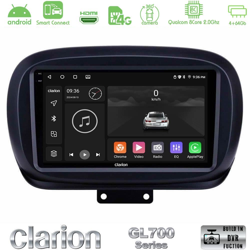 Clarion GL700 Series 8Core Android ClarionOS 4+64GB Fiat 500X Navigation Multimedia Tablet 9" Με Carplay & Android Auto