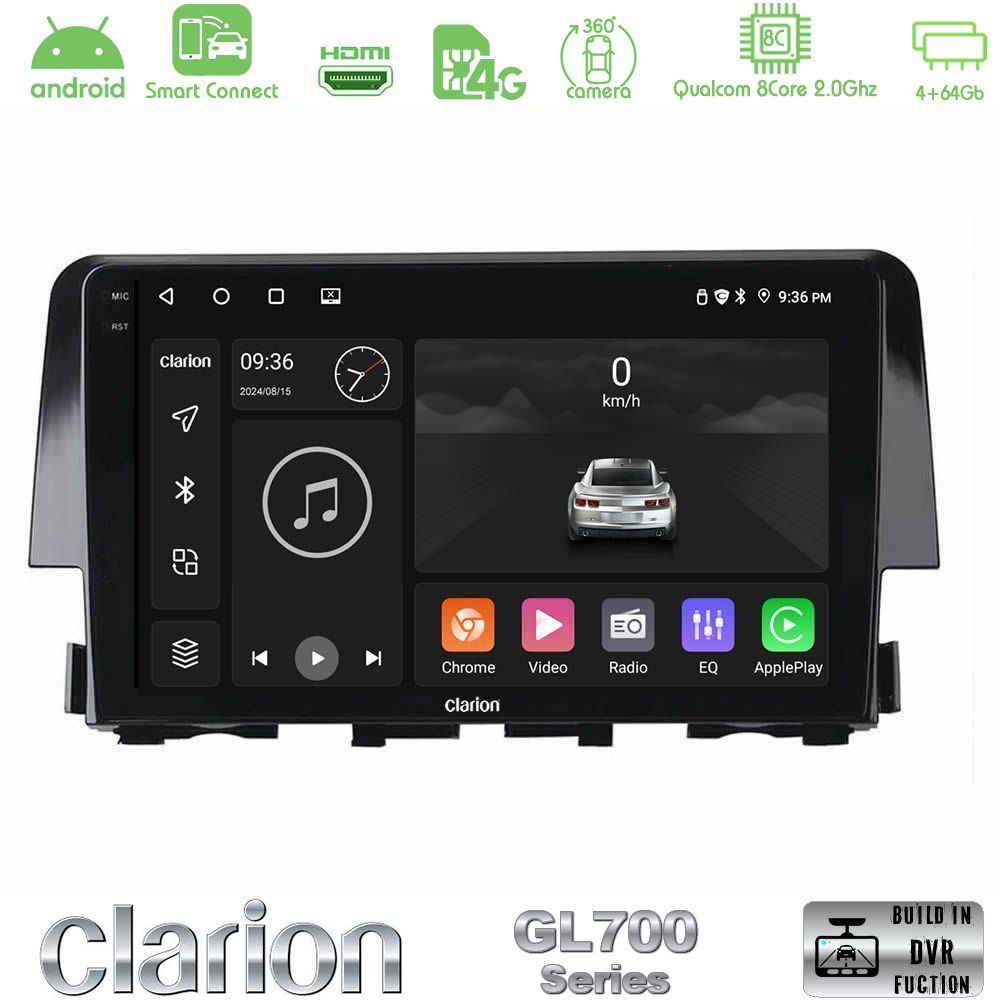 Clarion GL700 Series 8Core Android ClarionOS 4+64GB Honda Civic 2016-2020 Navigation Multimedia Tablet 9" Με Carplay & Android Auto
