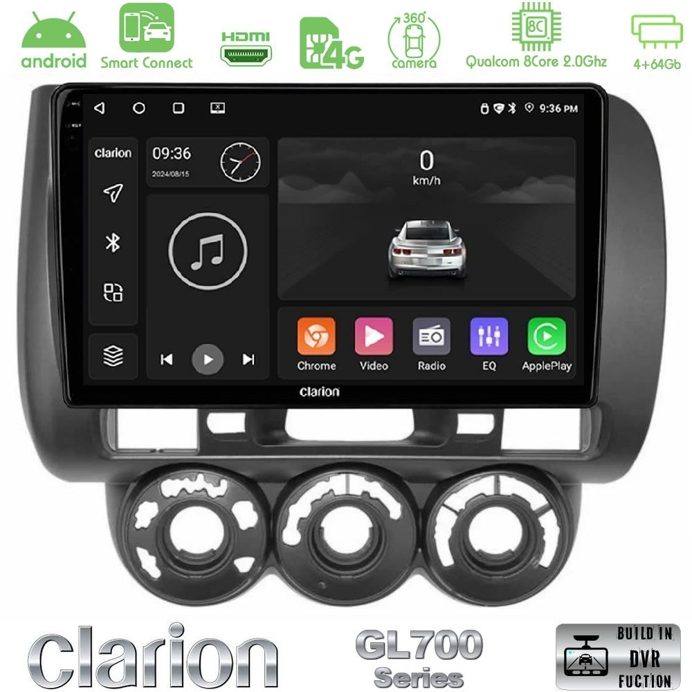Clarion GL700 Series 8Core Android ClarionOS 4+64GB Honda Jazz (Fit) 2002-2008 (RHD) Manual A/C Navigation Multimedia Tablet 9" Με Carplay & Android Auto