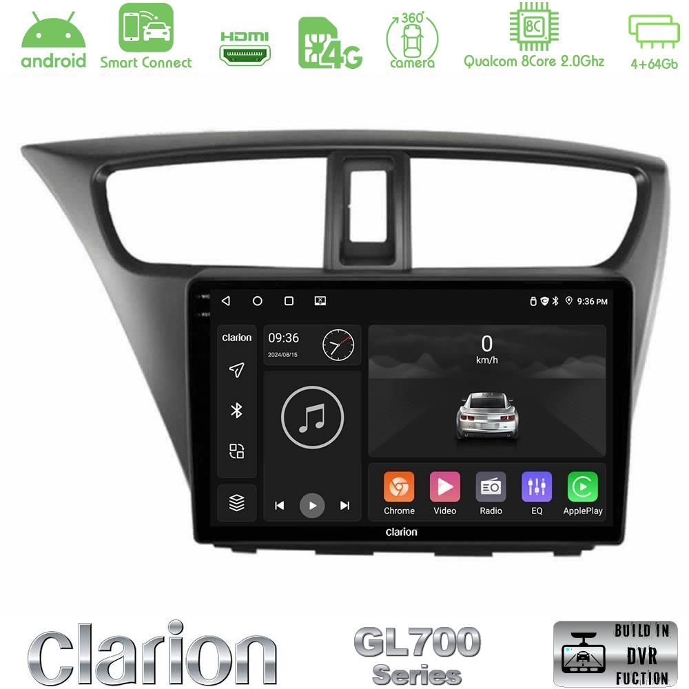 Clarion GL700 Series 8Core Android ClarionOS 4+64GB Honda Civic Hatchback 2012-2015 Navigation Multimedia Tablet 9" Με Carplay & Android Auto