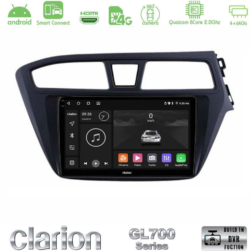 Clarion GL700 Series 8Core Android ClarionOS 4+64GB Hyundai i20 2014-2018 RHD Navigation Multimedia Tablet 9" Με Carplay & Android Auto
