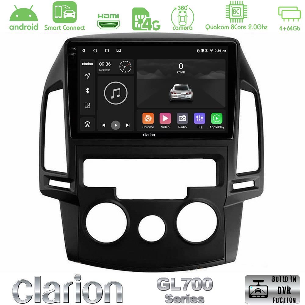 Clarion GL700 Series 8Core Android ClarionOS 4+64GB Hyundai i30 2007-2012 Manual A/C Navigation Multimedia Tablet 9" Με Carplay & Android Auto