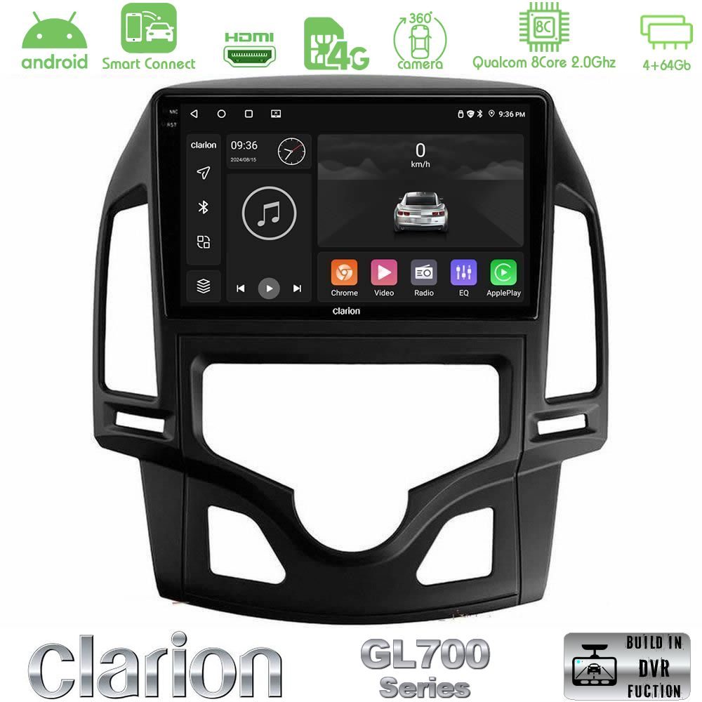 Clarion GL700 Series 8Core Android ClarionOS 4+64GB Hyundai i30 2007-2012 Auto A/C Navigation Multimedia Tablet 9" Με Carplay & Android Auto