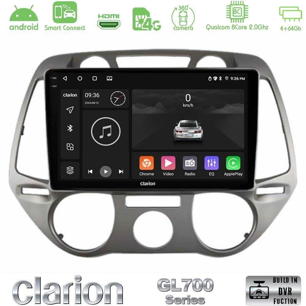 Clarion GL700 Series 8Core Android ClarionOS 4+64GB Hyundai i20 2009-2012 Manual A/C Navigation Multimedia Tablet 9" Με Carplay & Android Auto