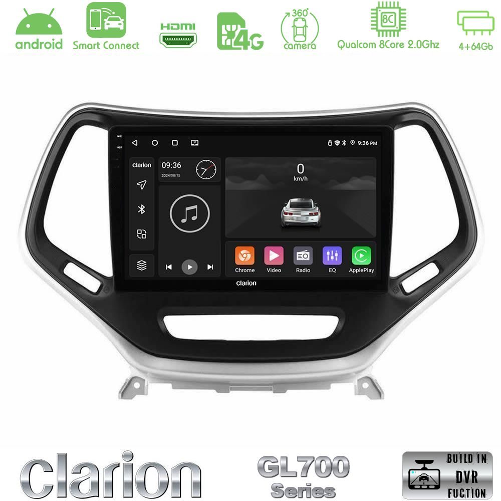 Clarion GL700 Series 8Core Android ClarionOS 4+64GB Jeep Cherokee 2014-2019 Navigation Multimedia Tablet 9" (Ασημί Χρώμα) Με Carplay & Android Auto