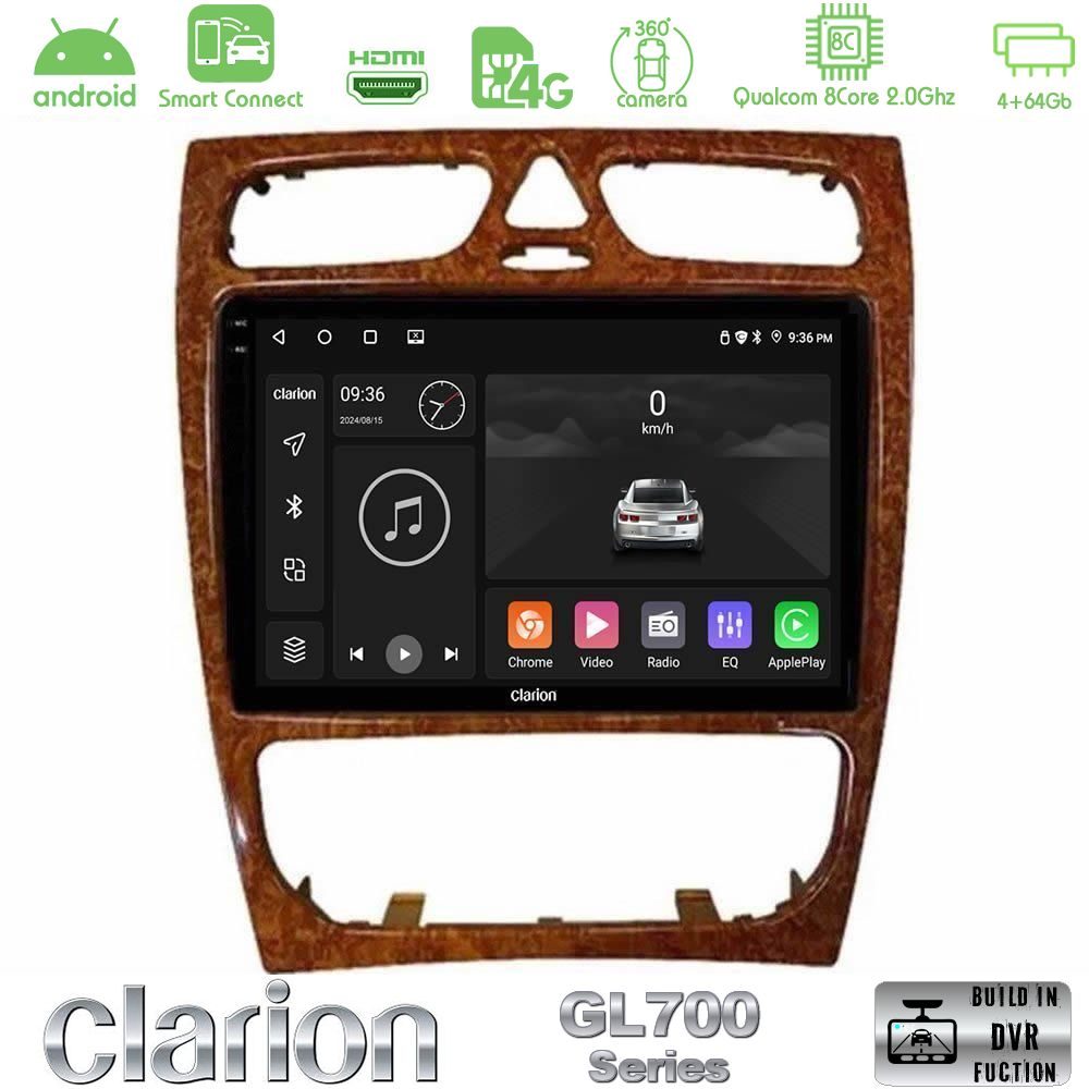 Clarion GL700 Series 8Core Android ClarionOS 4+64GB Mercedes C Class (W203) Navigation Multimedia Tablet 9" (Wooden Style) Με Carplay & Android Auto