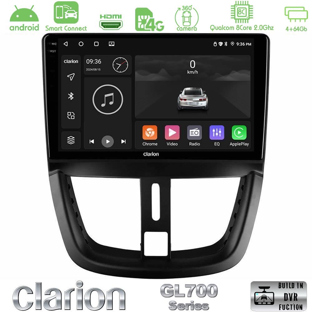 Clarion GL700 Series 8Core Android ClarionOS 4+64GB Peugeot 207 Navigation Multimedia Tablet 9" Με Carplay & Android Auto