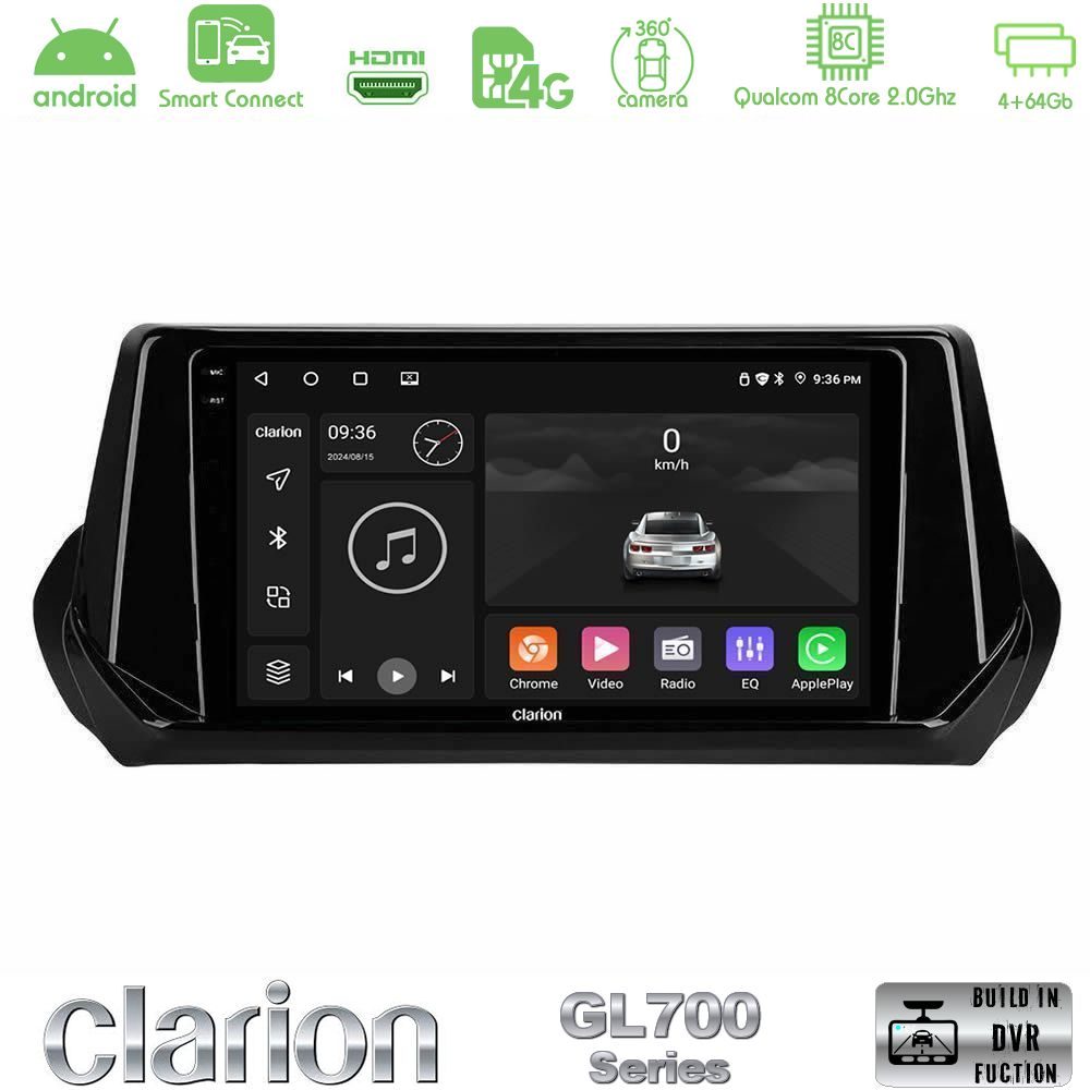 Clarion GL700 Series 8Core Android ClarionOS 4+64GB Peugeot 208/2008 2019-2023 Navigation Multimedia Tablet 9" Με Carplay & Android Auto