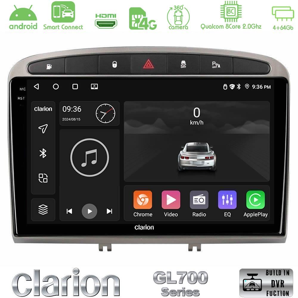 Clarion GL700 Series 8Core Android ClarionOS 4+64GB Peugeot 308/RCZ Navigation Multimedia Tablet 9" (Ασημί Χρώμα) Με Carplay & Android Auto