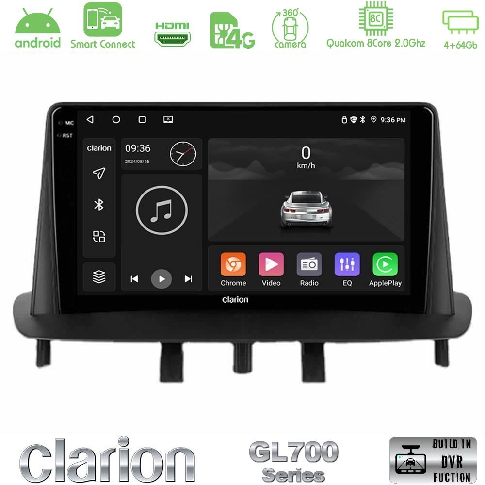 Clarion GL700 Series 8Core Android ClarionOS 4+64GB Renault Megane 3 2009-2015 Navigation Multimedia Tablet 9" Με Carplay & Android Auto