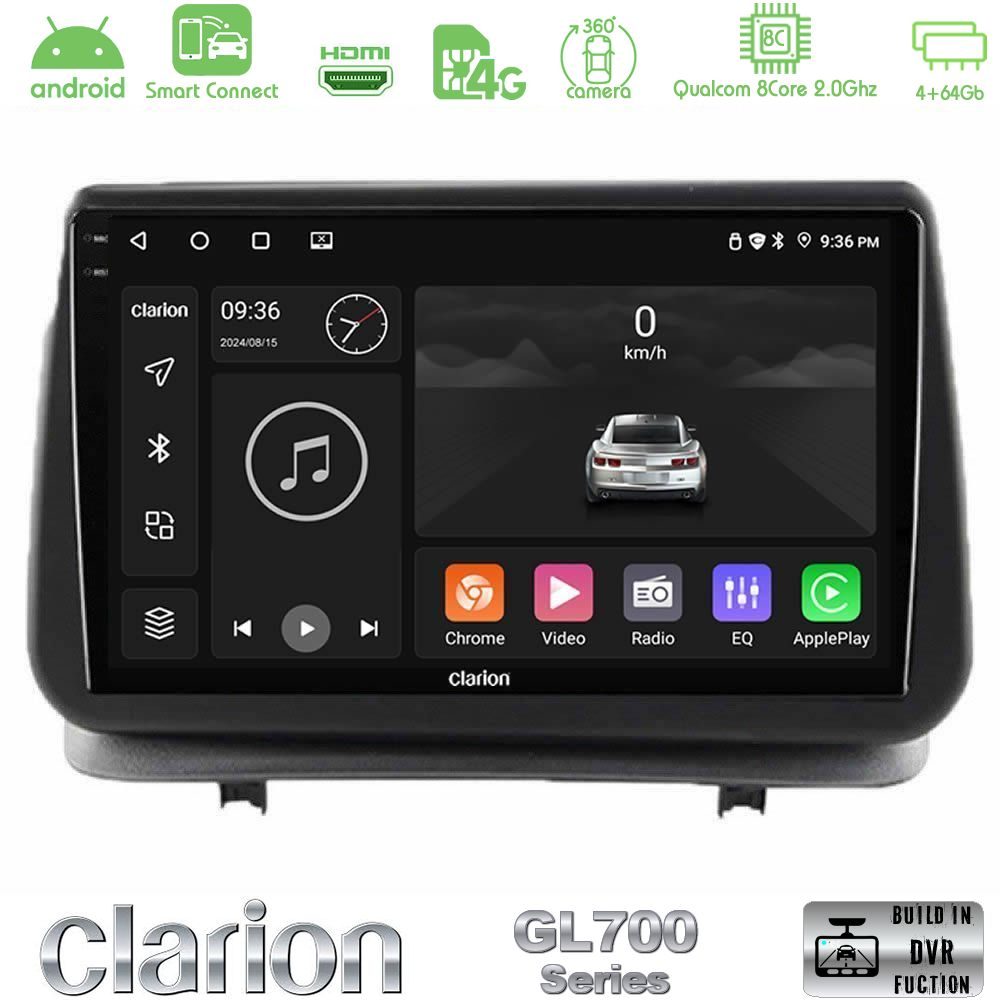 Clarion GL700 Series 8Core Android ClarionOS 4+64GB Renault Clio 2005-2012 Navigation Multimedia Tablet 9" Με Carplay & Android Auto