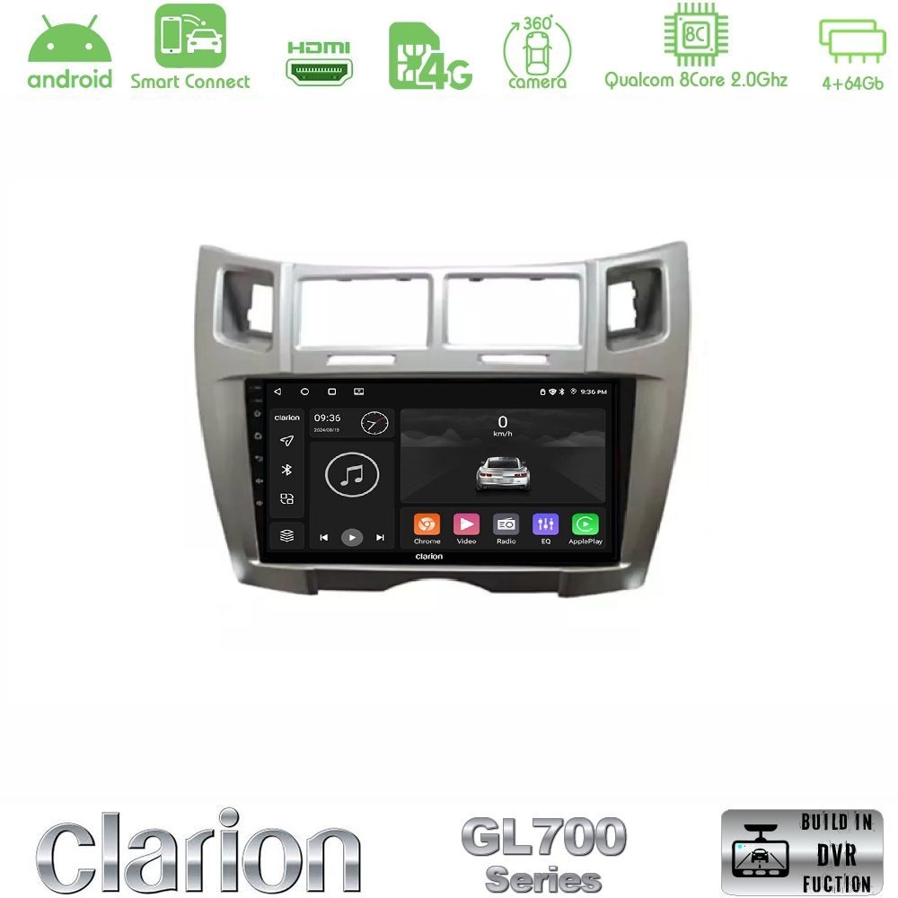 Clarion GL700 Series 8Core Android ClarionOS 4+64GB Toyota Yaris Navigation Multimedia Tablet 9" (Ασημί Χρώμα) Με Carplay & Android Auto