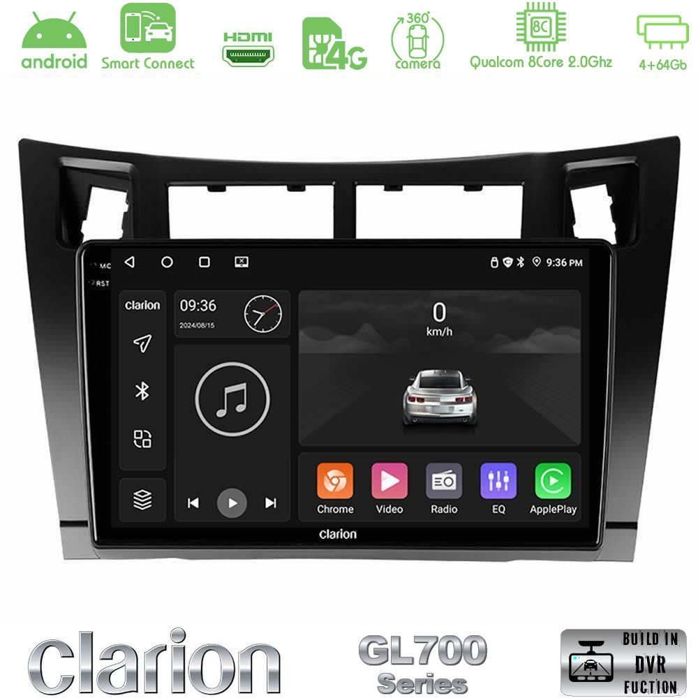 Clarion GL700 Series 8Core Android ClarionOS 4+64GB Toyota Yaris Navigation Multimedia Tablet 9" (Μαύρο Χρώμα) Με Carplay & Android Auto
