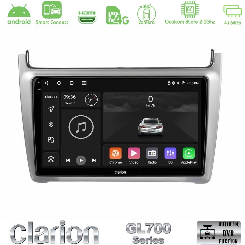 Clarion GL700 Series 8Core Android ClarionOS 4+64GB Vw Polo 2014-2017 Navigation Multimedia Tablet 9" Με Carplay & Android Auto (Silver)