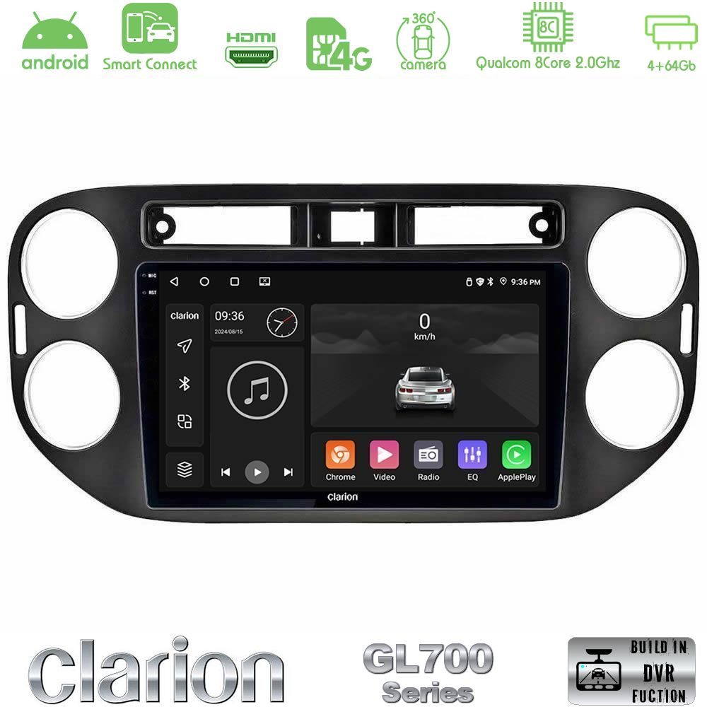 Clarion GL700 Series 8Core Android ClarionOS 4+64GB VW Tiguan Navigation Multimedia Tablet 9" (23mm alarm button) Με Carplay & Android Auto