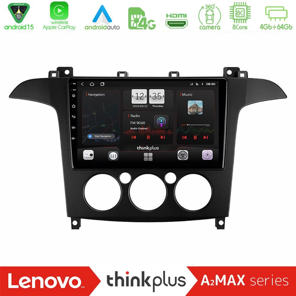 Lenovo Thinkplus A2MAX Series 8Core Android15 4+64GB Ford S-Max 2006-2008 (manual A/C) Navigation Multimedia Tablet 9"