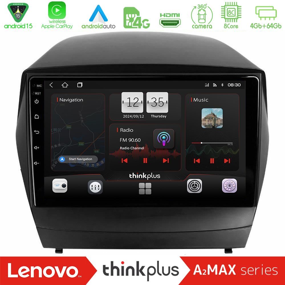 Lenovo Thinkplus A2MAX Series 8Core Android15 4+64GB Hyundai IX35 Auto A/C Navigation Multimedia Tablet 9"