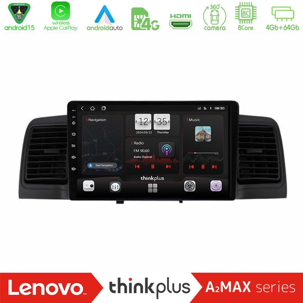 Lenovo Thinkplus A2MAX Series 8Core Android15 4+64GB Toyota Corolla 2002-2006 Navigation Multimedia Tablet 9" (Black)
