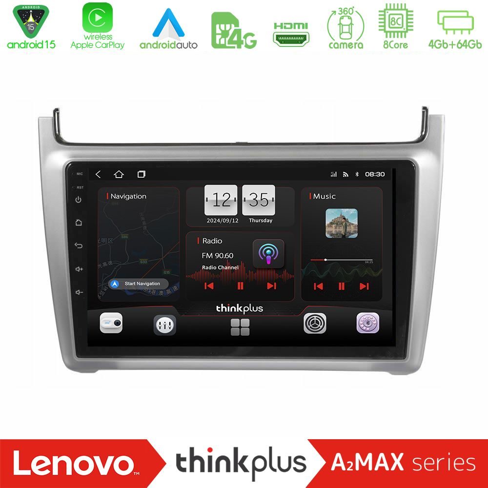 Lenovo Thinkplus A2MAX Series 8Core Android15 4+64GB Vw Polo 2014-2017 Navigation Multimedia Tablet 9" (Silver)