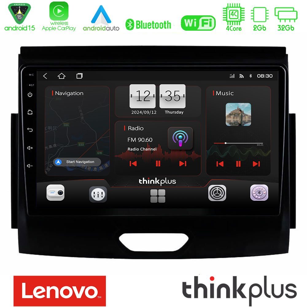 Lenovo Thinkplus Series 4Core Android15 2+32GB Ford Ranger 2017-2022 Navigation Multimedia Tablet 9" Με Carplay & Android Auto