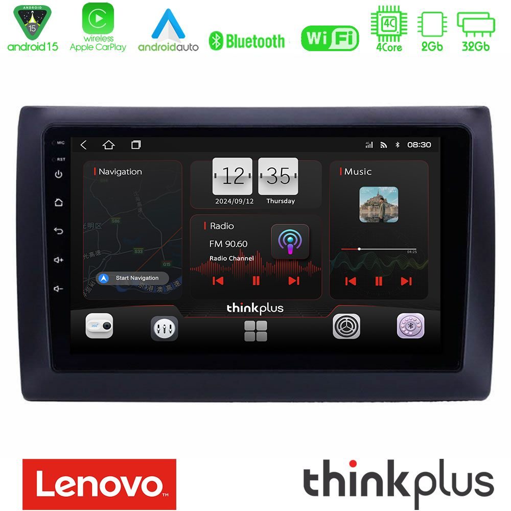 Lenovo Thinkplus Series 4Core Android15 2+32GB Fiat Stilo Navigation Multimedia Tablet 9" Με Carplay & Android Auto