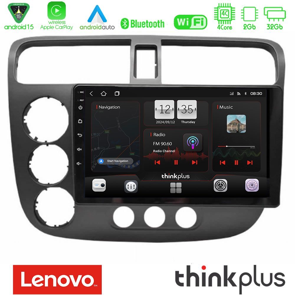 Lenovo Thinkplus Series 4Core Android15 2+32GB Honda Civic 2001-2005 Navigation Multimedia Tablet 9" Με Carplay & Android Auto