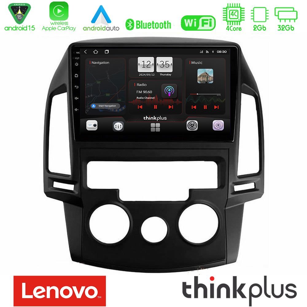 Lenovo Thinkplus Series 4Core Android15 2+32GB Hyundai i30 2007-2012 Manual A/C Navigation Multimedia Tablet 9" Με Carplay & Android Auto