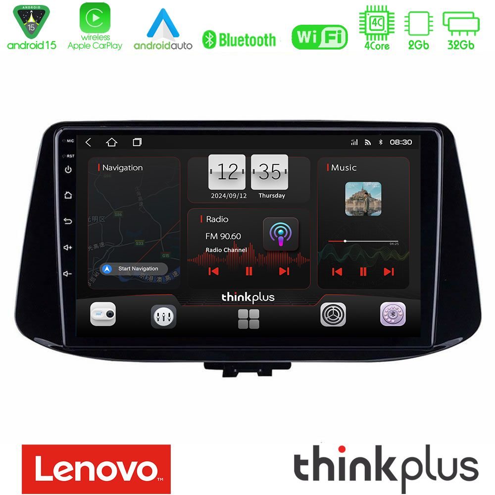 Lenovo Thinkplus Series 4Core Android15 2+32GB Hyundai i30 Navigation Multimedia Tablet 9" Με Carplay & Android Auto