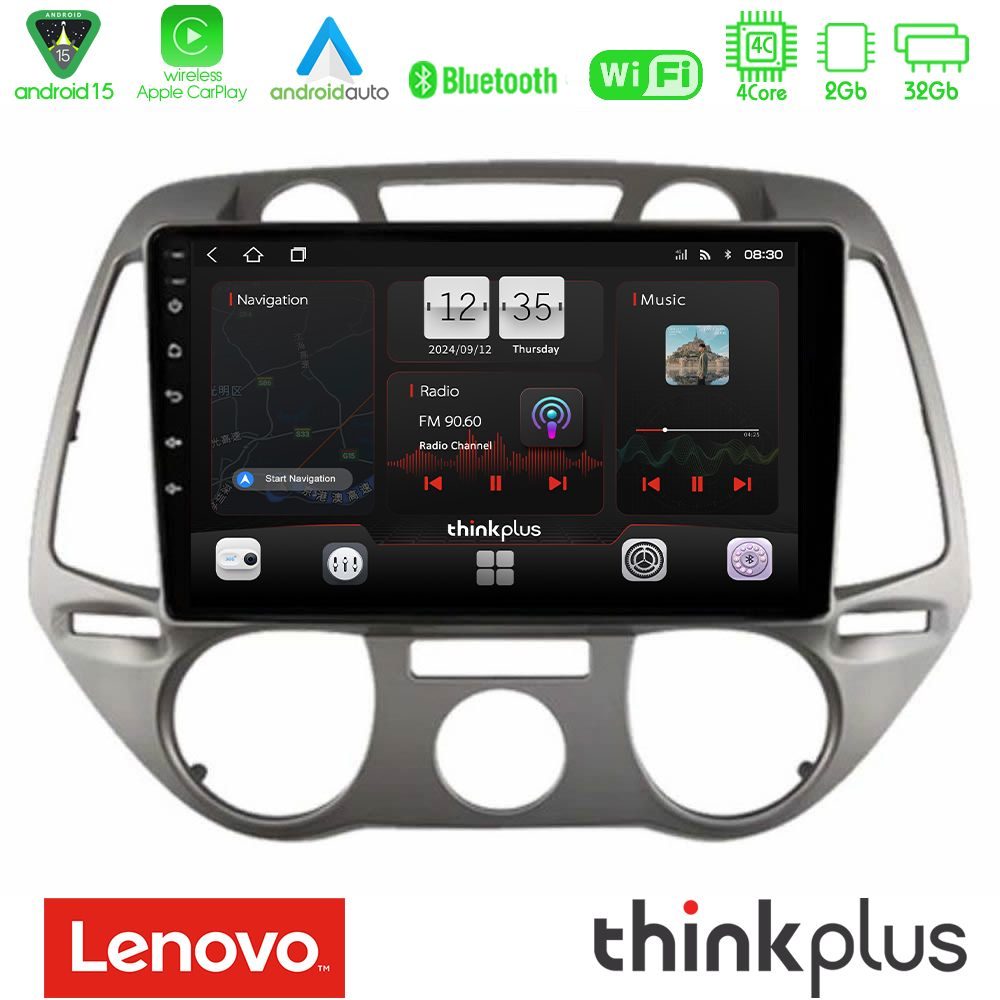 Lenovo Thinkplus Series 4Core Android15 2+32GB Hyundai i20 2009-2012 Manual A/C Navigation Multimedia Tablet 9" Με Carplay & Android Auto