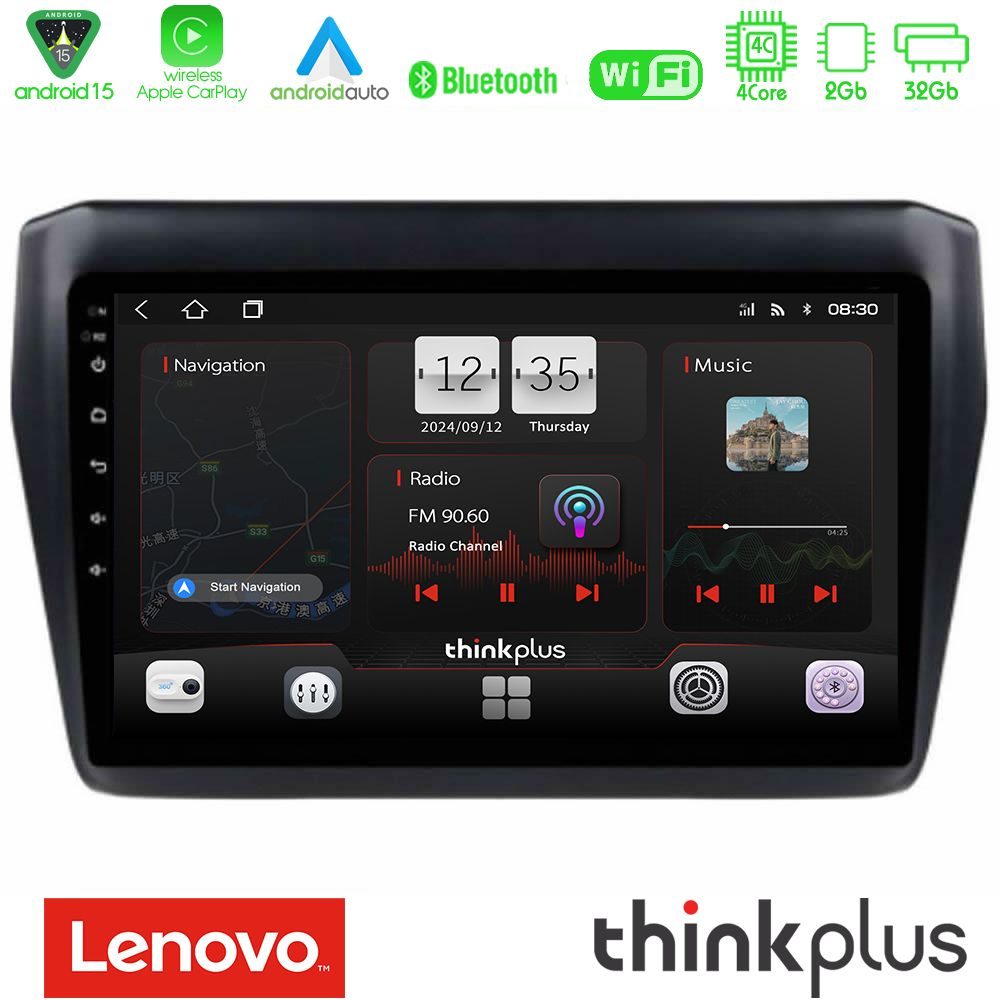 Lenovo Thinkplus Series 4Core Android15 2+32GB Suzuki Swift 2017-2023 Navigation Multimedia Tablet 9" Με Carplay & Android Auto