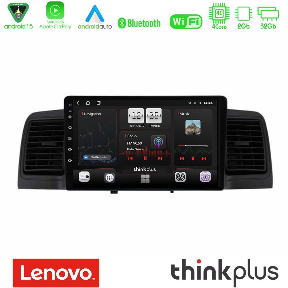 Lenovo Thinkplus Series 4Core Android15 2+32GB Toyota Corolla 2002-2006 Navigation Multimedia Tablet 9" Με Carplay & Android Auto (Black)