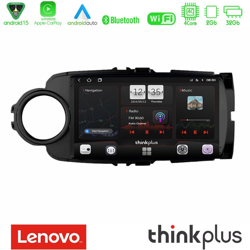 Lenovo Thinkplus Series 4Core Android15 2+32GB  Toyota Yaris Navigation Multimedia Tablet 9" (Μαύρο Χρώμα) Με Carplay & Android Auto