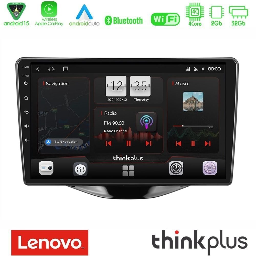 Lenovo Thinkplus Series 4Core Android15 2+32GB Toyota Aygo | Citroen C1 | Peugeot 108 Navigation Multimedia Tablet 9" Με Carplay & Android Auto