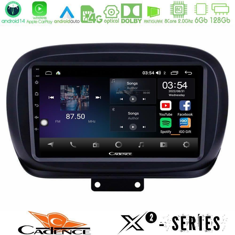 Cadence X2 Series 8Core Android14 6+128GB Fiat 500X Navigation Multimedia Tablet 9"