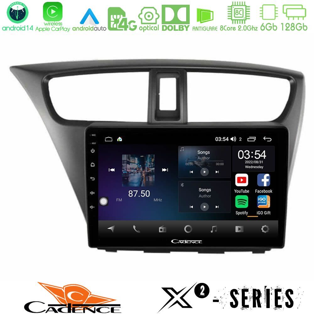 Cadence X2 Series 8Core Android14 6+128GB Honda Civic Hatchback 2012-2015 Navigation Multimedia Tablet 9"