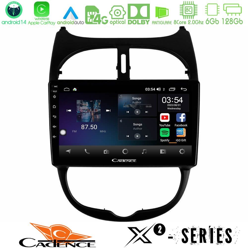 Cadence X2 Series 8Core Android14 6+128GB Peugeot 206 Navigation Multimedia Tablet 9"