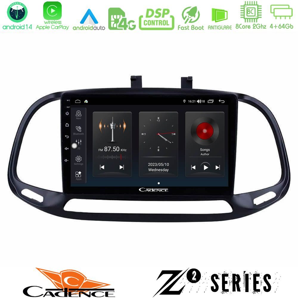 Cadence Z2 Series 8Core Android14 4+64GB Fiat Doblo 2015-2022 Navigation Multimedia Tablet 9" Με Carplay & Android Auto