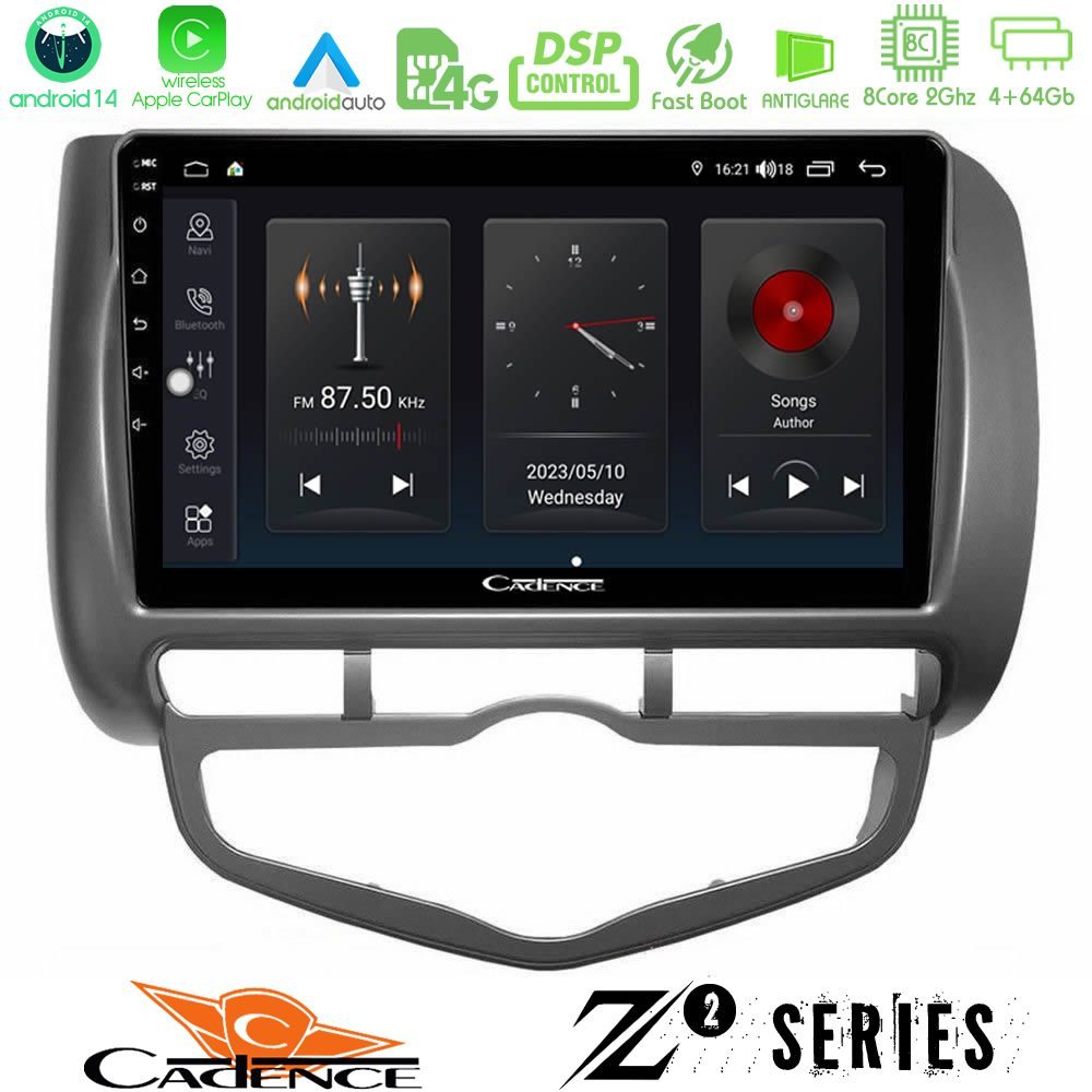 Cadence Z2 Series 8Core Android14 4+64GB Honda Jazz 2002-2008 (Auto A/C) Navigation Multimedia Tablet 9" Με Carplay & Android Auto